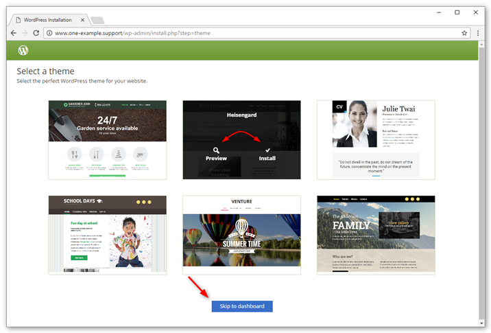 Select a theme and click install, or click Skip to dashboard if you want to use another theme