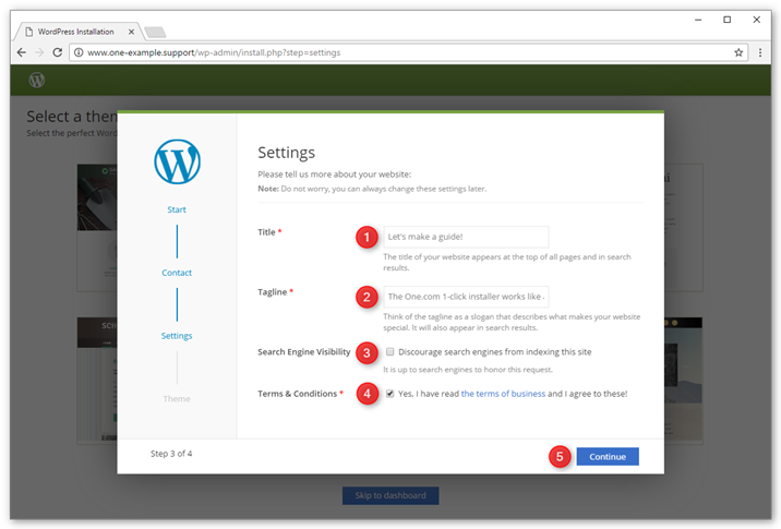 Enter the settings for your new WordPress website