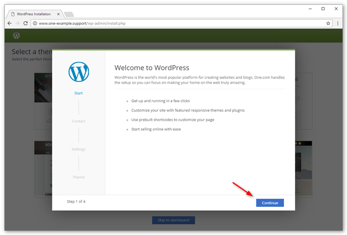 Welcome to WordPress, click Continue