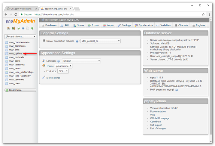 Click wp-options in phpMyAdmin