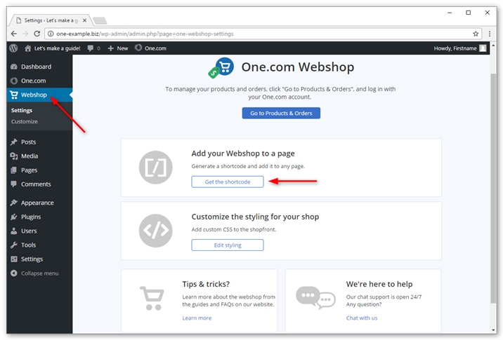 Go to settings in the Webshop plugin and click get the shortcode