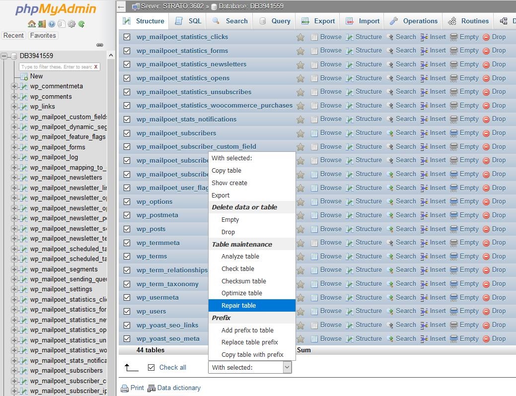 WordPress-Datenbank reparieren mit phpMyAdmin