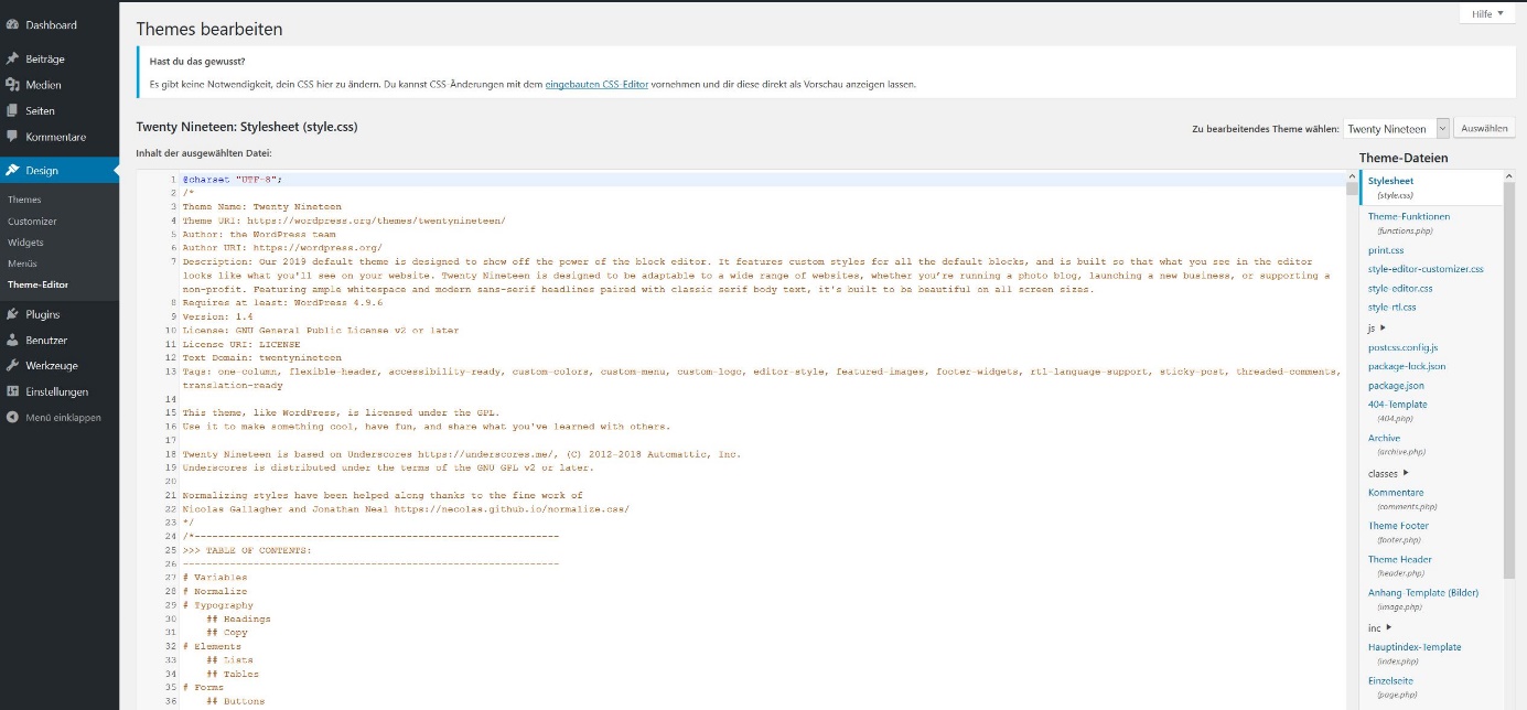 WordPress-Theme-Editor mit beispielhaftem CSS-Code