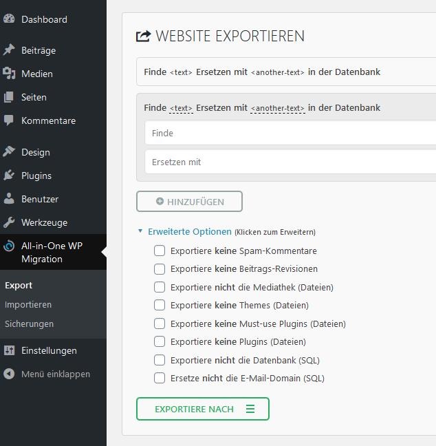 Die Export-Ansicht des Plug-ins All-in-One WP Migration